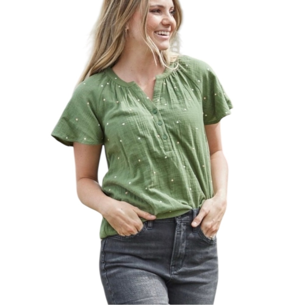 Downeast‎ Olive Green Gauze Top Polka Dot Blouse